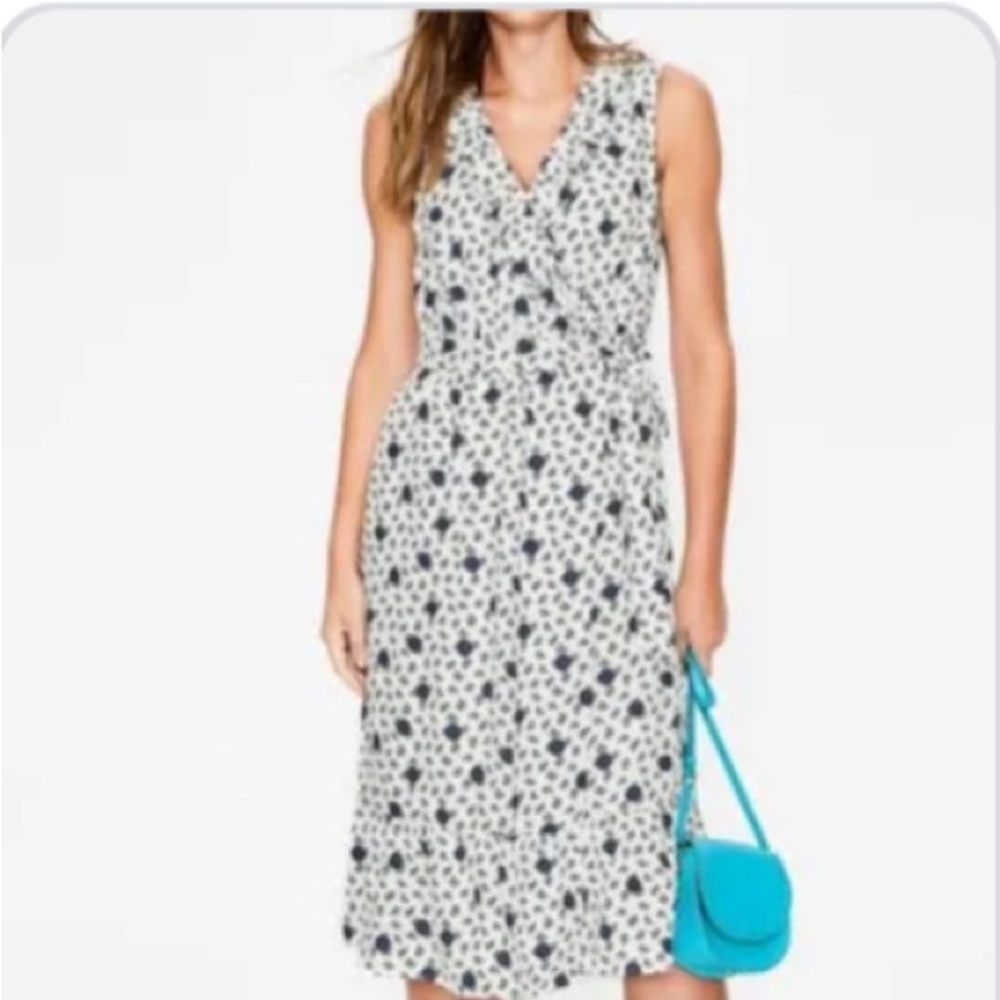 Boden Nancy Navy White Linen Wrap Ruffle Sleeveless Dress Dots Floral Size 12